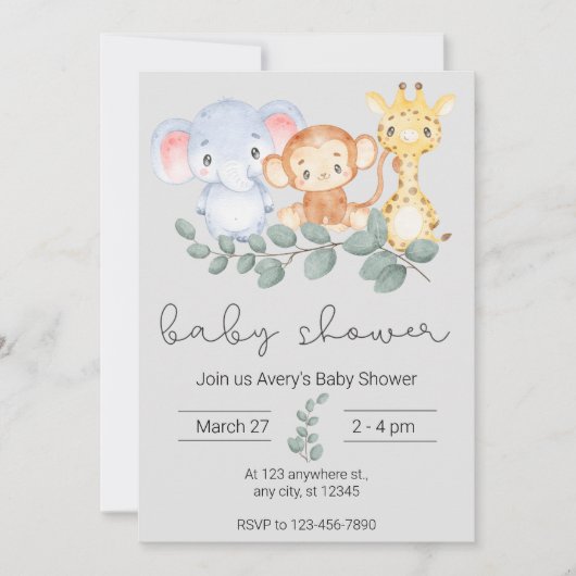 サファリの動物と緑の赤ちゃんシャワー 招待状 (正面)