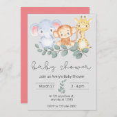 サファリの動物と緑の赤ちゃんシャワー 招待状 (正面/裏面)