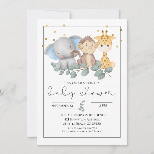 サファリの動物と緑の赤ちゃんシャワー 招待状 (正面)