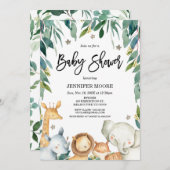 サファリの動物と葉の赤ちゃんシャワー 招待状 (正面/裏面)