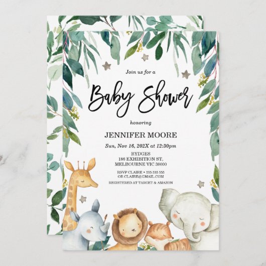サファリの動物と葉の赤ちゃんシャワー 招待状 (正面/裏面)