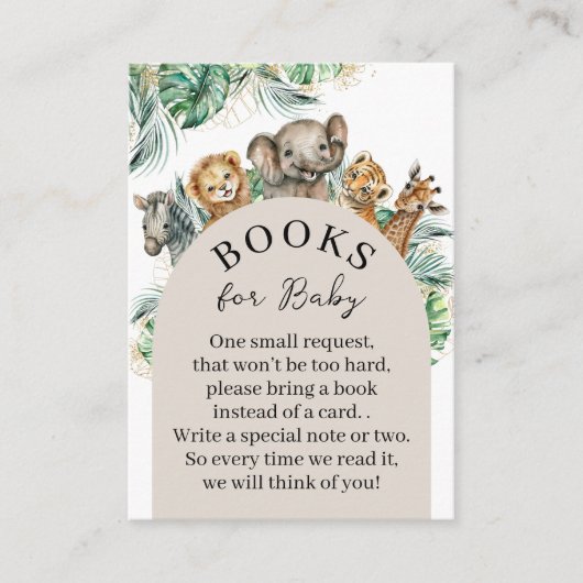 サファリの動物のジャングルモダンの赤ちゃんシャワーブック エンクロージャーカード (正面)