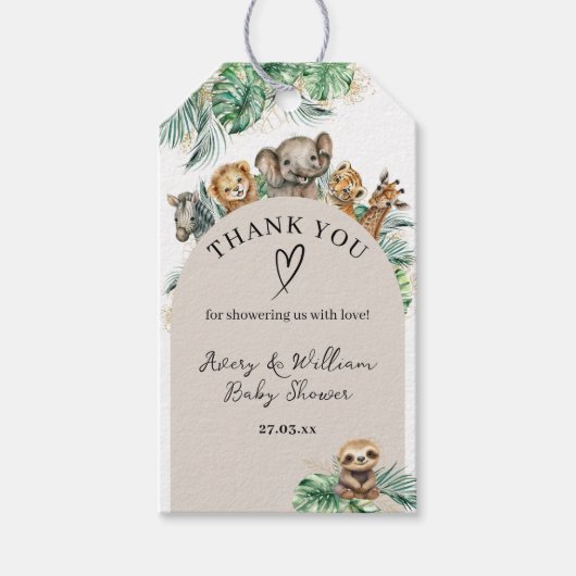 サファリの動物のジャングルモダンの赤ちゃんシャワー ギフトタグ (正面)