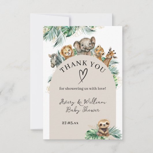サファリの動物のジャングルモダンの赤ちゃんシャワー サンキューカード (正面)