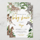 サファリの動物のジャングル男女兼用の赤ちゃんシャワー 招待状 (正面/裏面)