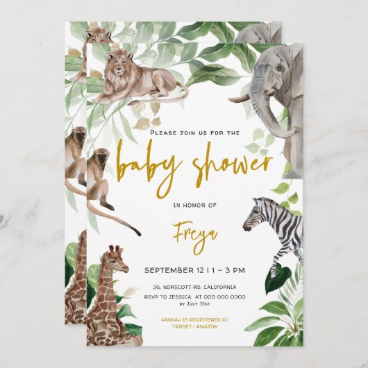 サファリの動物のジャングル男女兼用の赤ちゃんシャワー 招待状 (正面/裏面)