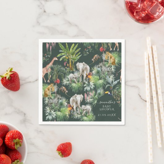 サファリの動物のジャングル緑の熱帯の赤ちゃんシャワー スタンダードカクテルナプキン (インサイチュ)