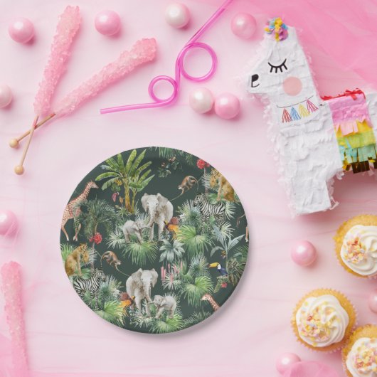 サファリの動物のジャングル緑の熱帯の赤ちゃんシャワー ペーパープレート (パーティー)
