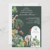サファリの動物のジャングル緑の熱帯の赤ちゃんシャワー 招待状 (正面)