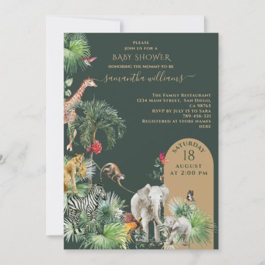 サファリの動物のジャングル緑の熱帯の赤ちゃんシャワー 招待状 (正面)