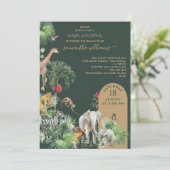 サファリの動物のジャングル緑の熱帯の赤ちゃんシャワー 招待状 (スタンド正面)