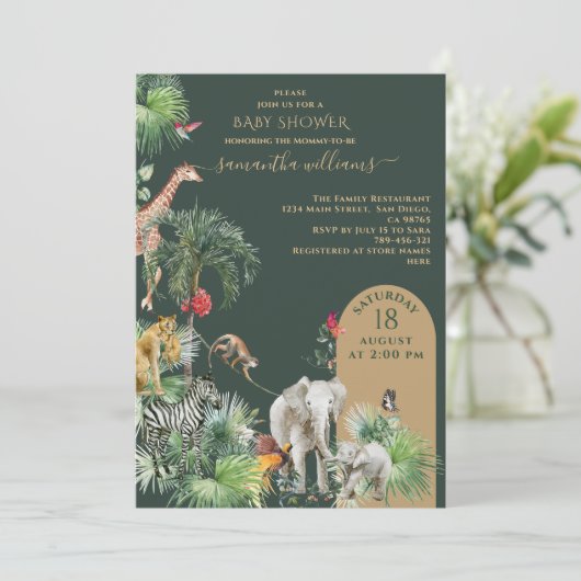 サファリの動物のジャングル緑の熱帯の赤ちゃんシャワー 招待状 (スタンド正面)