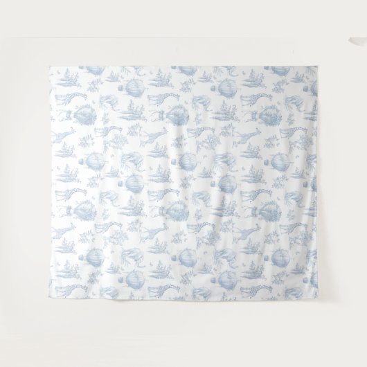 サファリの動物のトイルドジュイ青い赤ちゃんシャワー タペストリー (正面(横))