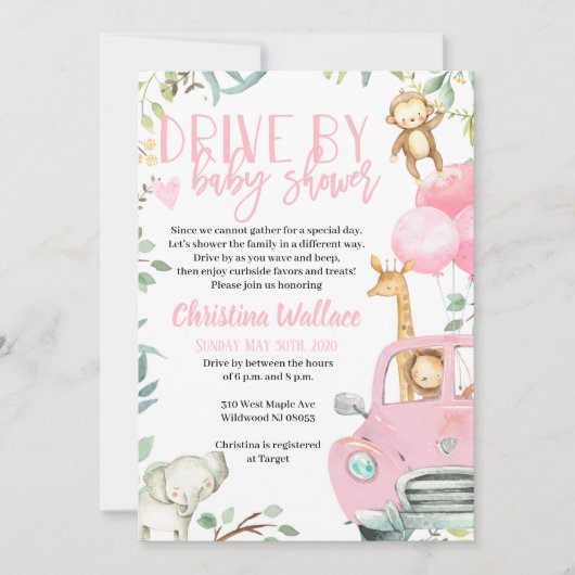 サファリの動物のドライブベビーシャワー招待状 招待状 (正面)