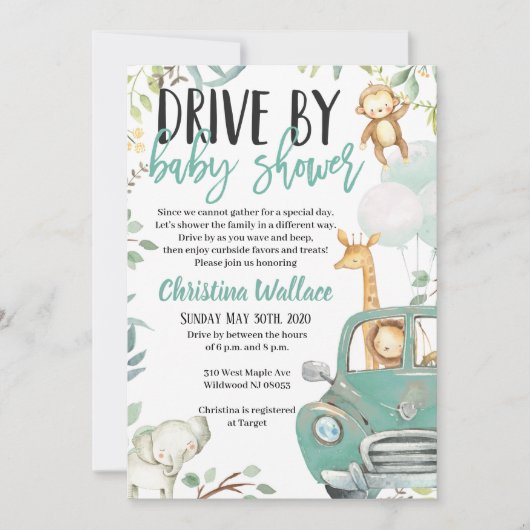 サファリの動物のドライブベビーシャワー招待状 招待状 (正面)