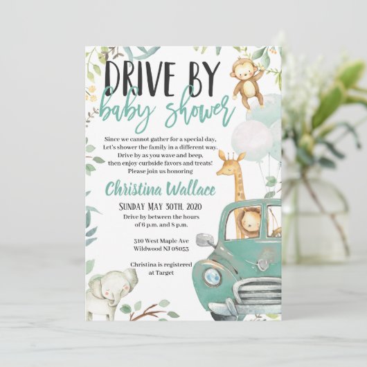 サファリの動物のドライブベビーシャワー招待状 招待状 (スタンド正面)