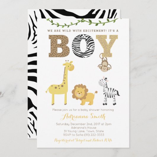 サファリの動物のベビーシャワーカード、動物のプリント 招待状 (正面/裏面)