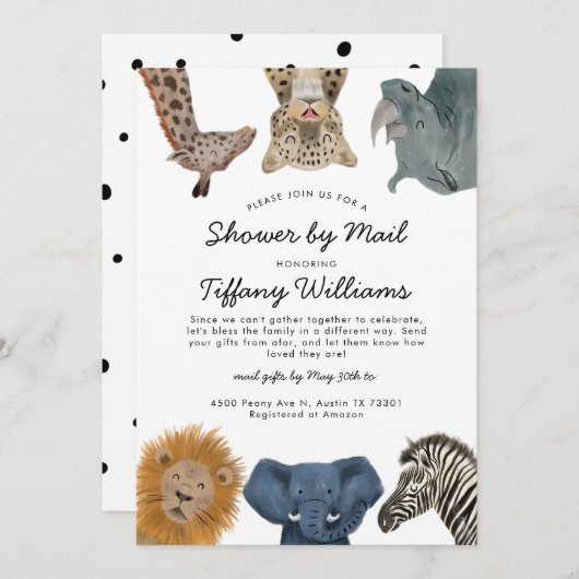 サファリの動物のベビーシャワー（郵便） 招待状 (正面/裏面)