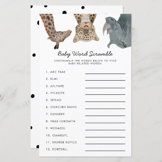 サファリの動物のベビー単語スクランブルゲーム (正面/裏面)