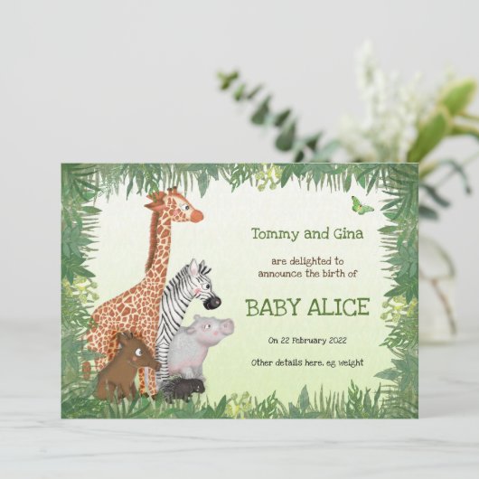 サファリの動物のベビー誕生の発表カード 招待状 (スタンド正面)