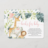 サファリの動物の女の子の赤ちゃんシャワーの本ベビー エンクロージャーカード (正面/裏面)