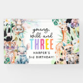 サファリの動物の幼稚園、野生園、3人の3歳の誕生日 横断幕 (横)