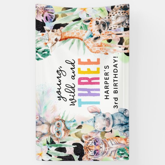 サファリの動物の幼稚園、野生園、3人の3歳の誕生日 横断幕 (縦)