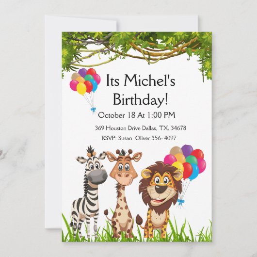 サファリの動物の森の誕生日パーティーへの招待 招待状 (正面)