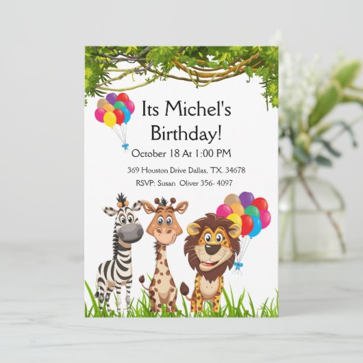 サファリの動物の森の誕生日パーティーへの招待 招待状 (スタンド正面)