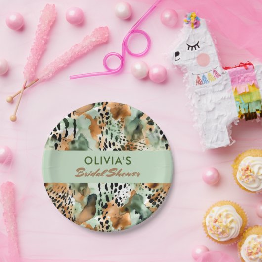 サファリの動物の毛皮のパターンセージ緑のベージュ ペーパープレート (パーティー)