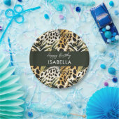 サファリの動物の毛皮のプリントパターンとパーム葉の ペーパープレート (パーティー)