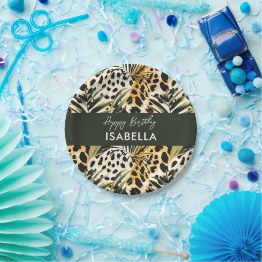 サファリの動物の毛皮のプリントパターンとパーム葉の ペーパープレート (パーティー)