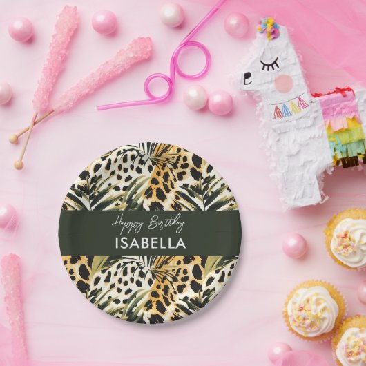 サファリの動物の毛皮のプリントパターンとパーム葉の ペーパープレート (パーティー)