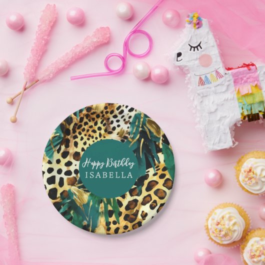 サファリの動物の毛皮のプリントパターンドボホはっきりしたグリーン ペーパープレート (パーティー)