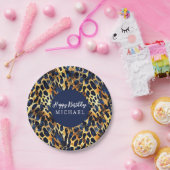 サファリの動物の毛皮のプリントパターンネイビーブルー金ゴールド ペーパープレート (パーティー)