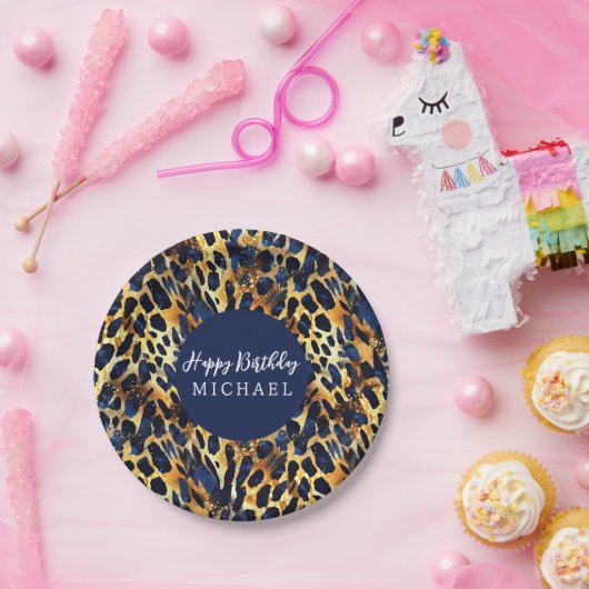 サファリの動物の毛皮のプリントパターンネイビーブルー金ゴールド ペーパープレート (パーティー)