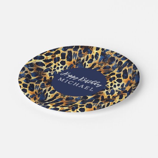 サファリの動物の毛皮のプリントパターンネイビーブルー金ゴールド ペーパープレート (アングル)