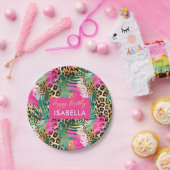 サファリの動物の毛皮のプリントパターン緑のピンクの金ゴールド ペーパープレート (パーティー)