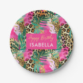 サファリの動物の毛皮のプリントパターン緑のピンクの金ゴールド ペーパープレート (正面)
