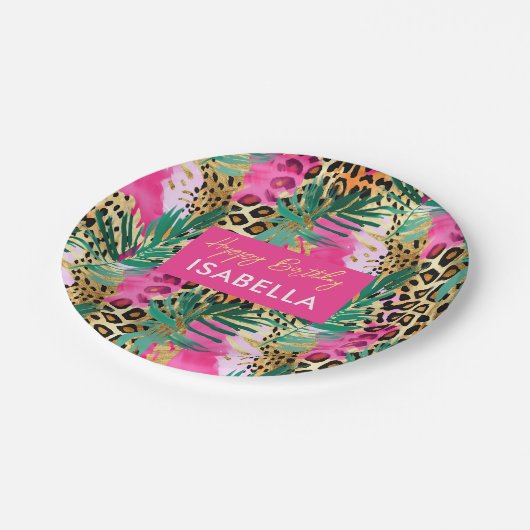 サファリの動物の毛皮のプリントパターン緑のピンクの金ゴールド ペーパープレート (アングル)
