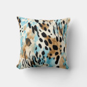 サファリの動物の毛皮のプリントパターン青と茶色 クッション (正面)