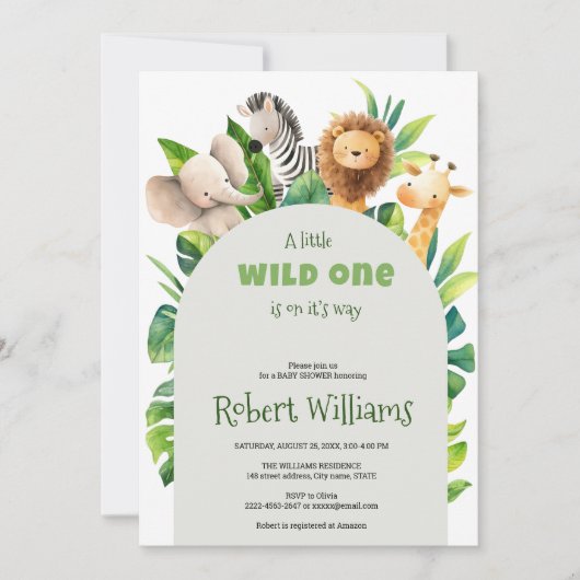 サファリの動物の水の色の赤ちゃんシャワーの招待 招待状 (正面)