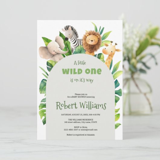 サファリの動物の水の色の赤ちゃんシャワーの招待 招待状 (スタンド正面)