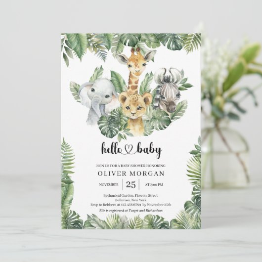 サファリの動物の熱帯緑の男の子の赤ちゃんシャワー 招待状 (スタンド正面)