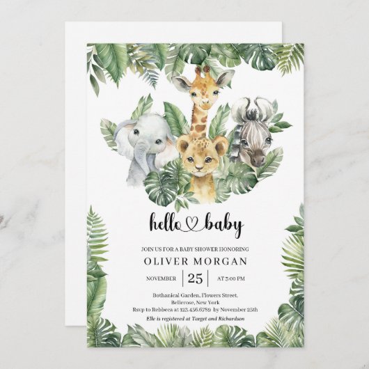 サファリの動物の熱帯緑の男の子の赤ちゃんシャワー 招待状 (正面/裏面)