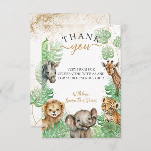サファリの動物の熱帯緑の赤ちゃんシャワー サンキューカード (正面/裏面)