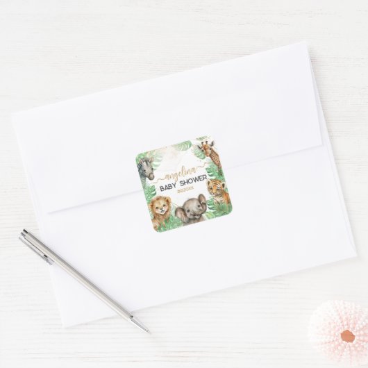 サファリの動物の熱帯緑の赤ちゃんシャワー スクエアシール (封筒)