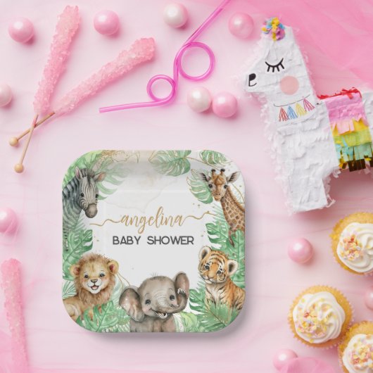 サファリの動物の熱帯緑の赤ちゃんシャワー ペーパープレート (パーティー)