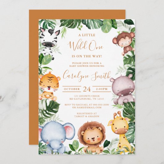 サファリの動物の熱帯緑の赤ちゃんシャワー 招待状 (正面/裏面)