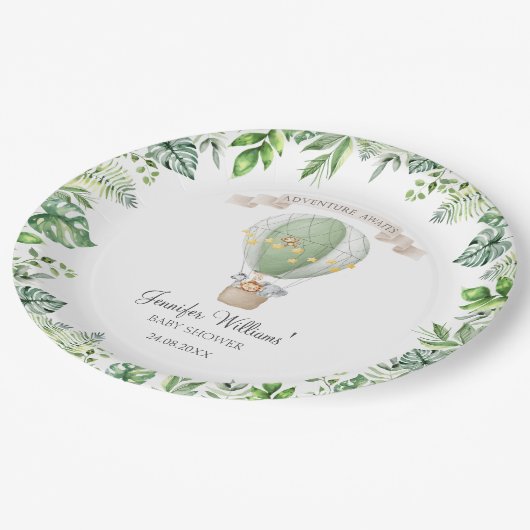 サファリの動物の熱気球の男の赤ちゃんシャワー ペーパープレート (アングル)